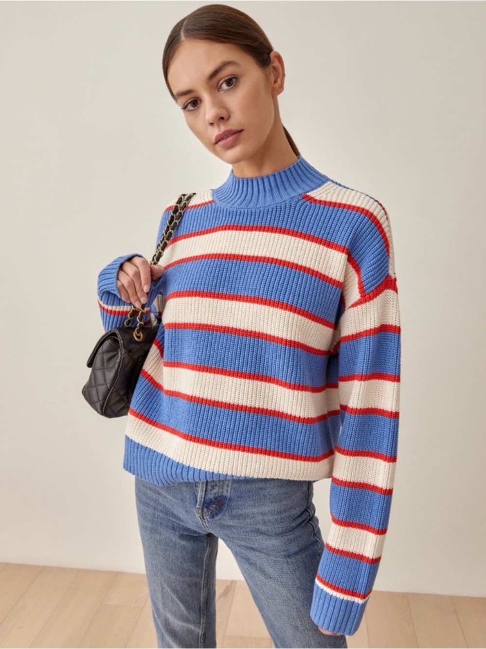 Reformation Elio Cotton Blue, Cream & Red Striped Cowlneck Sweater